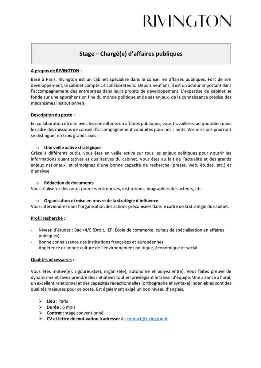 [#JobAlert] ▶️ OFFRE DE #STAGE

📌 Le cabinet Rivington cherche ses futurs stagiaires pour renforcer l’équipe pour une durée de 6 mois.

👉🏻 Etudiants en M1/M2, motivés, rigoureux et réactifs, n'hésitez pas à nous écrire à l'adresse: contact@rivington.fr