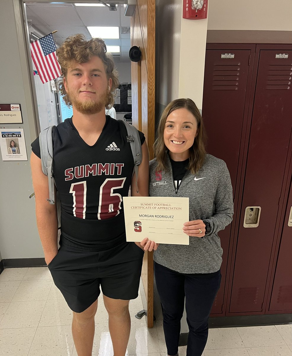 Congratulations to New Falcon Mrs. Rodriguez for being Nominated by Jr. QB <a href="/GrantParkerGib1/">Grant Parker Gibson</a> as Summit Football Teacher of the Week. Thank you for all that you do for our Student-Athletes!