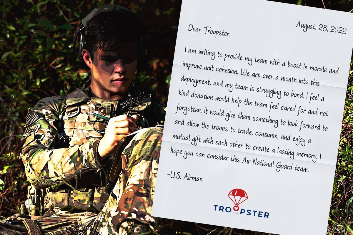 As a veteran or family, we know how important it is to help make a deployment as comfortable and normal as possible. Partner with us and make a difference in our deployed Troops' lives.

Donate to the cause: troopster.kindful.com/?campaign=1024…

#TroopsDownrange #Military  #deployment #serve