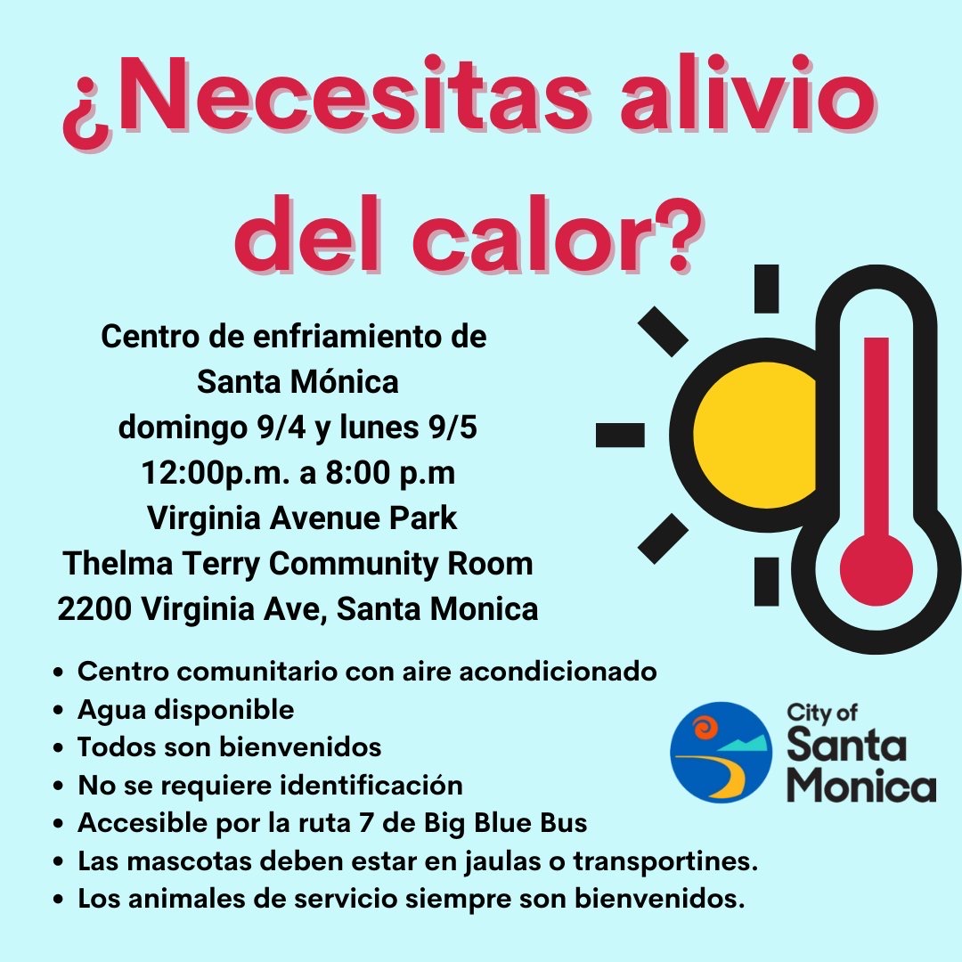 Airport2Park's tweet photo. Santa Monica will open a Cooling Center at Virginia Avenue Park on Sun 9/4 and Mon 9/5 from 12pm - 8pm. Our parks are critical infrastructure. #HeatWave #HeatRelief #ParksAreCool #ParksAreEssential #LaborDayWeekend https://t.co/gW1CGef3ap