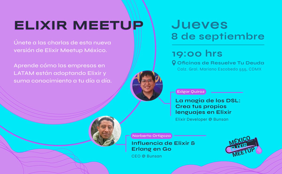 ElixirLangMx's tweet photo. ¡Listos para el siguiente #MeetupElixir! 🔥 Anótenlo en su Calendar y prepárense para estas charlas que estarán muy buenas, a cargo de @hiphoox y @hochata3 ✅ Recuerden que se transmiten en vivo en #YouTube y #twitchtv 
#ElixirMeetup #ElixirLang #ElixirMX https://t.co/WmWgZNtdV0