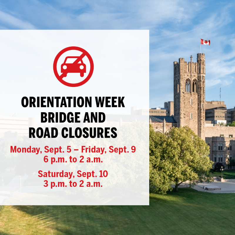 WesternU's tweet photo. Heads up! University Drive Bridge and some #WesternU campus roadways and parking lots will be closed this week during Orientation Week activities. @LTCLdnOnt routes will be detoured. #LdnOnt