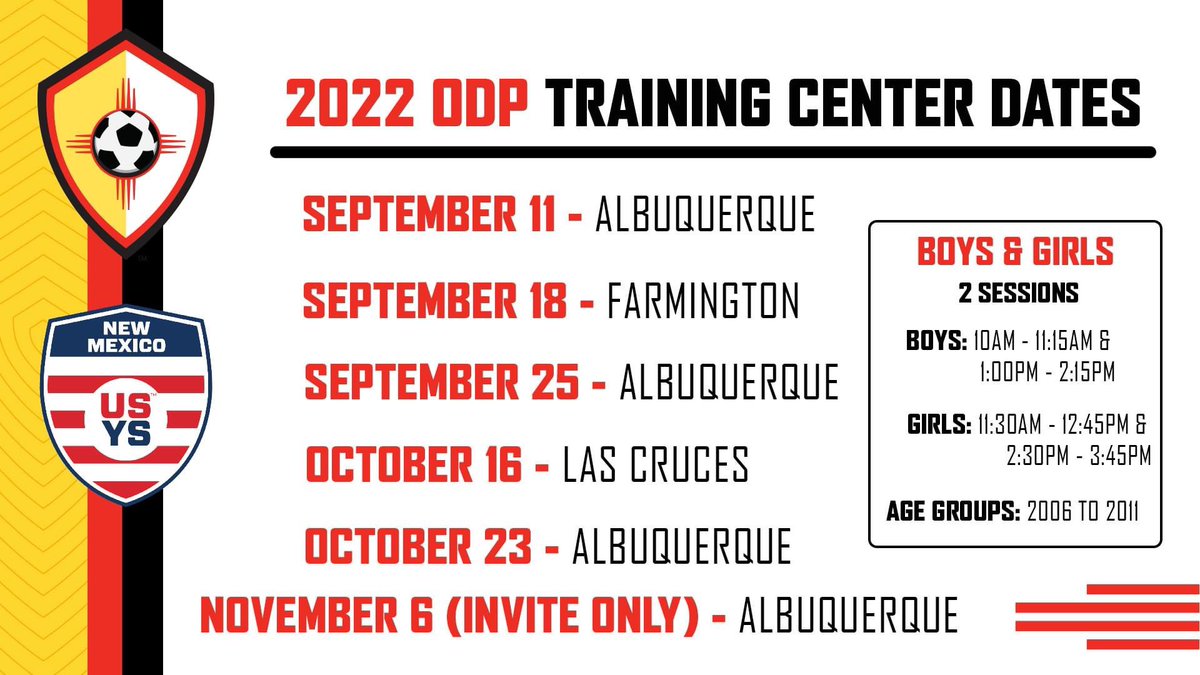 nmysa's tweet photo. It's that time again!  Our 2022 ODP Training Centers are starting up and we want to provide you with the dates and locations of our upcoming training center sessions.  Please register your players now at https://t.co/yyp9iqMYSy👈⚽ #NMYSA #NMODP #ODPTrainingCenters https://t.co/3jf28J5mFt