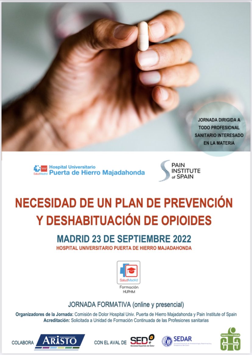 pios_institute's tweet photo. ⚠️ JORNADA DE INTERÉS FORMATIVO 🗓 23/09 “Necesidad de un plan de prevención y deshabituación de opioides”, organizada x @HospitalPdH y @pios_institute Avalada por @sedar_es y @Sedolor 🖌 Inscripción gratuita @FormacionHUPHM .Jornada acreditada presencial y online. Te esperamos! https://t.co/qWhP4833RA