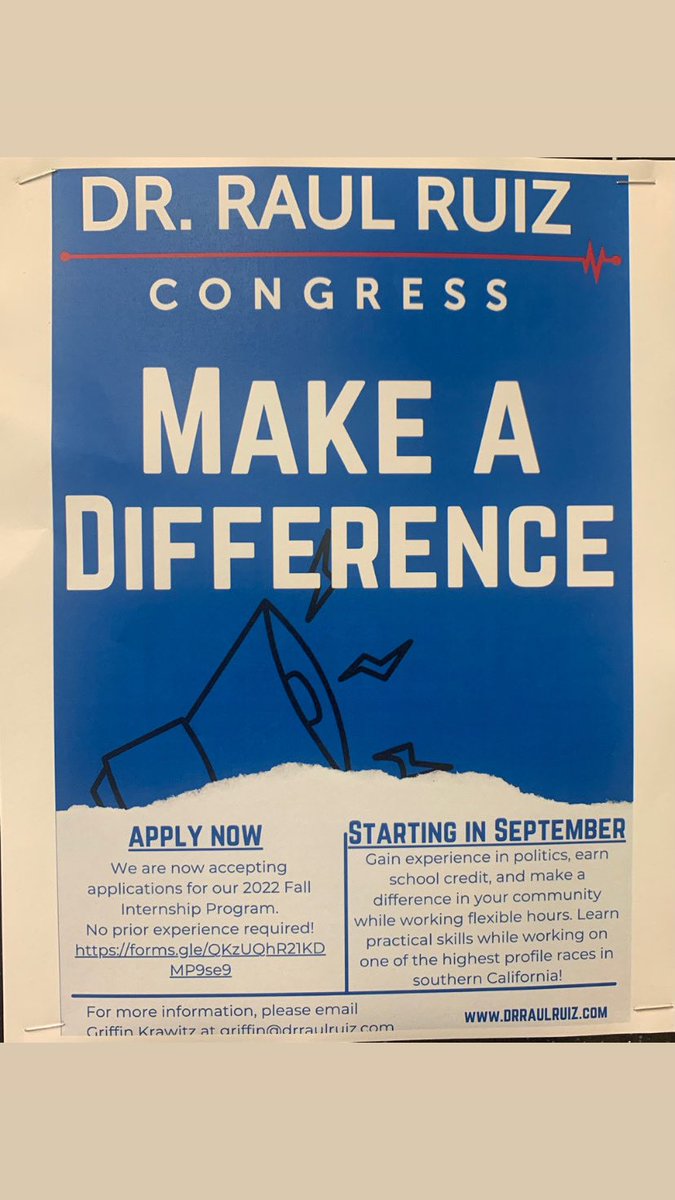 Today during lunch at the Career Center, representatives from Congressman Dr. Raul Ruiz's office, will present to our students as they are looking for high school interns for this Fall. Come by the Career Center during lunch today to learn more about it! <a href="/DesertSandsUSD/">Desert Sands USD</a>