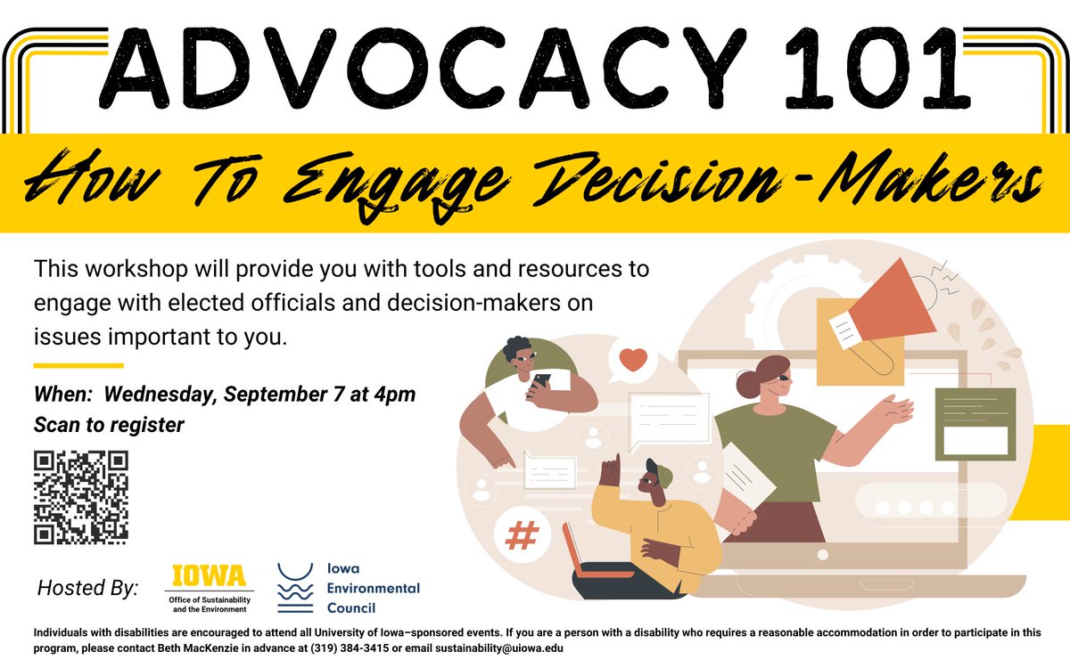 Having tools and resources to engage with elected officials and decision-makers is important when creating change on issues important to you!

Register here: uiowa.qualtrics.com/jfe/form/SV_1R…

#sustainui #createchange #DEI #uiowa #sustainabilityaction