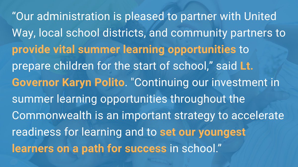 UnitedWayMABay's tweet photo. “Our administration is pleased to partner with United Way, local school districts and community partners to provide vital summer learning opportunities to prepare children for the start of school,” said @MassLtGov Karyn Polito. #SummerStepUp https://t.co/q8LS3jO8CT https://t.co/xghVH05EMt