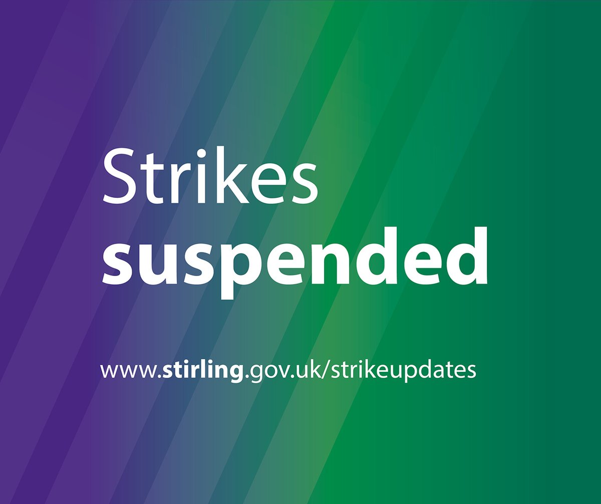 Planned industrial action for next week has been suspended pending a deal being agreed between Unions and COSLA. 

All our schools, nurseries and ASN settings will open as normal &amp; bin collections will resume their usual schedule from Monday (5 Sept): stirling.gov.uk/strikeupdates