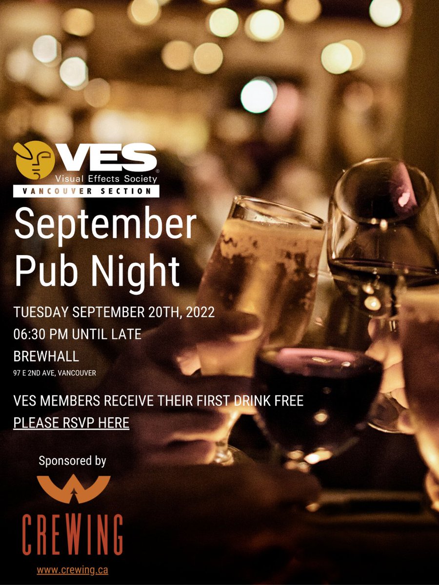 Join us, won't you, for the next <a href="/VESVancouver/">VES Vancouver</a> #PubNight, Sept. 20 at Brewhall. Sponsored by Crewing - bit.ly/3ent44A

RSVP: bit.ly/3RxgSwd

#ves #vesVancouver #networking #events