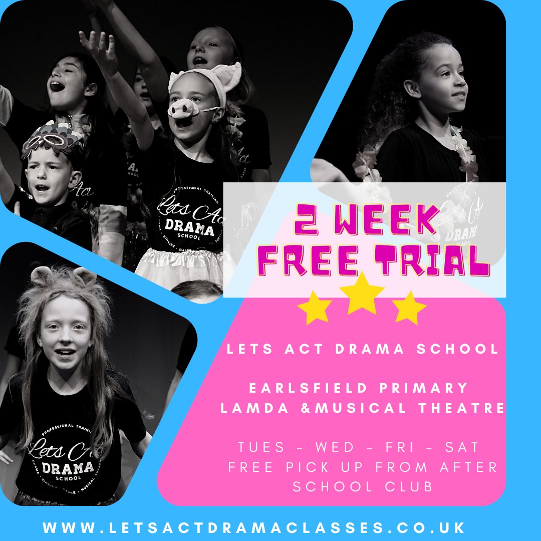 letsactdrama's tweet photo. @EarlsfieldSch Lets Act Drama School is back from Monday 5th September
We are offering a two week free trial to any new students wanting to sample our musical theatre and LAMDA classes!
Please book via our website -
https://t.co/n6yVGW6Xeu https://t.co/BLDO5g9cdr