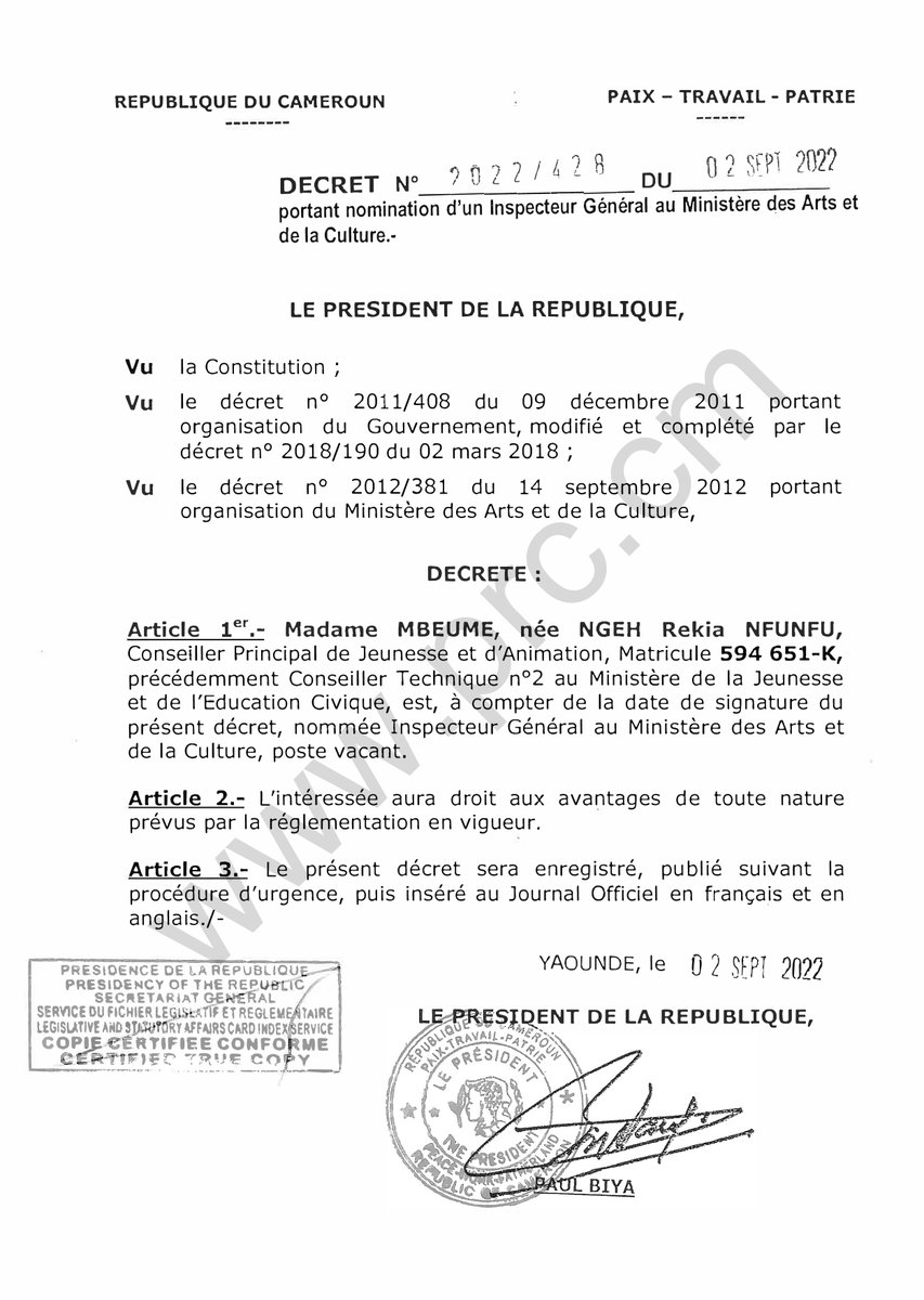 Madame Mbeume, née Ngeh Rekia Nfunfu est, à compter du 02 septembre 2022, nommée Inspecteur Général au Ministère des Arts et de la Culture.
#PaulBiya
#Cameroun