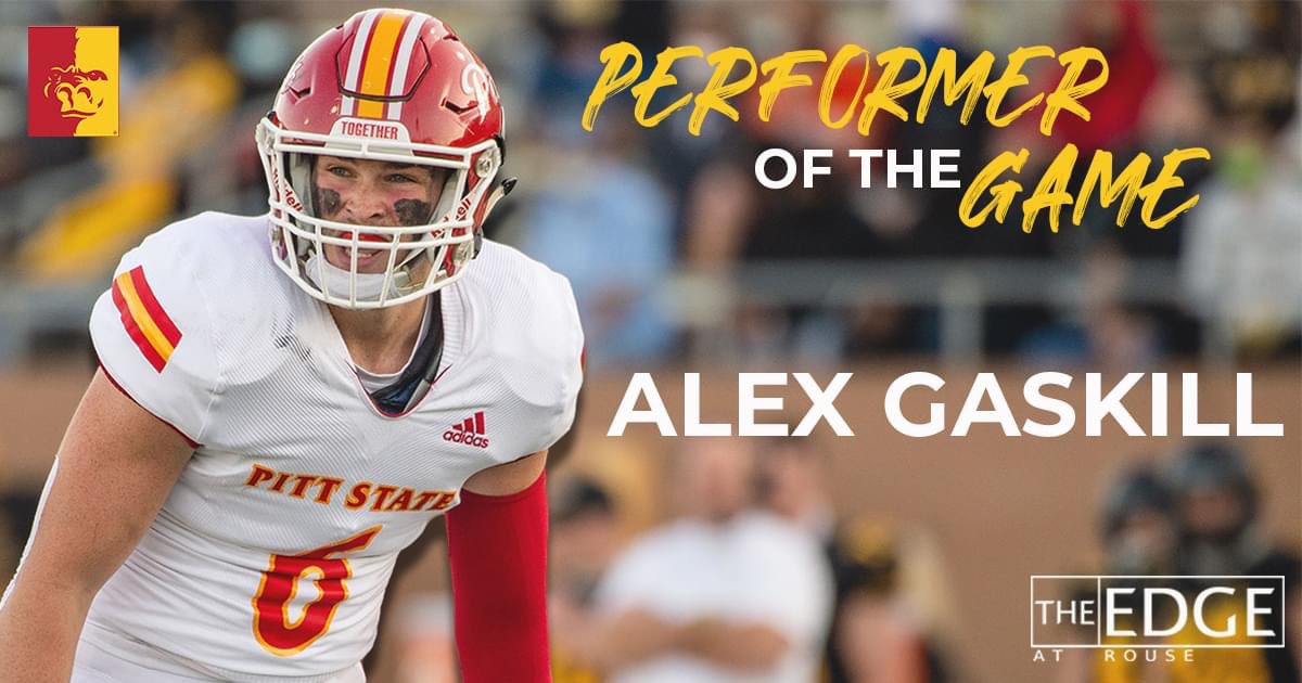 PittStGorillas's tweet photo. The Edge at Rouse presents the Performer of the Game: Alex Gaskill, sophomore linebacker from Webb City! 

Alex recorded 7 tackles (2 for loss) in Thursday's 21-10 win over UCM. Great job, Alex! https://t.co/7n7AiBo5Ob