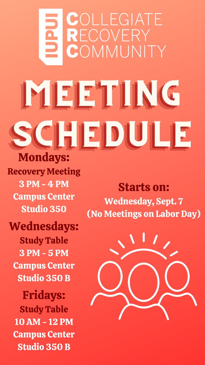 RecoveryIUPUI's tweet photo. Join us for this semester's recovery meetings! Hope to see you there!😊 https://t.co/Na0JXj3vzT