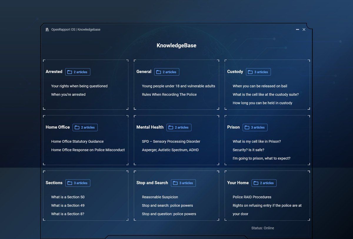 OpenRapport's tweet photo. Feature Update: KnowledgeBase: This is an updated version, with user submitted data regarding UK Police Procedures. Changes have been made thanks to user submitted ideas and requests.
https://t.co/eXh4Qj3LQ4
#OpenRapport https://t.co/B56Lkw6OrN