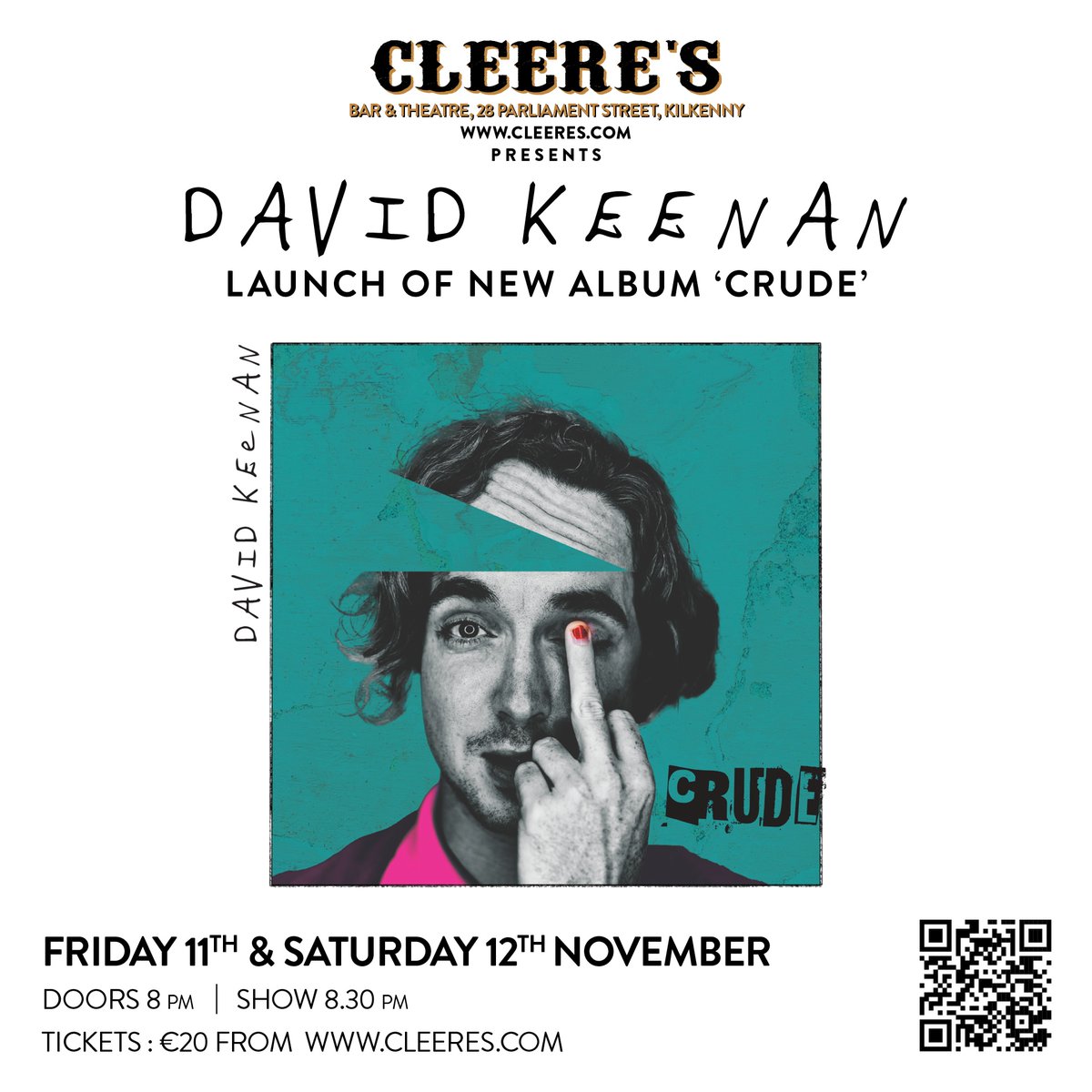 Friday, November 11th will see the launch of 'Crude' the long anticipated new album from acclaimed Irish singer, songwriter and poet David Keenan 
T
 Fri.Nov.11th &amp; Sat.Nov.12th.
Tickets 👇
cleeres.com/product/david-…
#johncleeres #livemusicvenue  #imroaward #davidkeenan #Crude