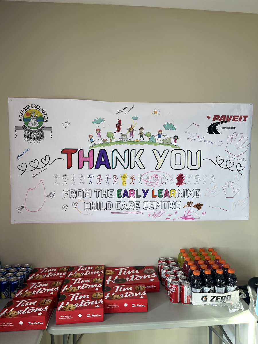 Paveitconst's tweet photo. Ribbon Cutting at @Bigstone458 Early Learning Child Care Centre yesterday. Thank you for having us out and thank you to the kids who decorated the banner so well, we love it! https://t.co/raoC2xL9hm