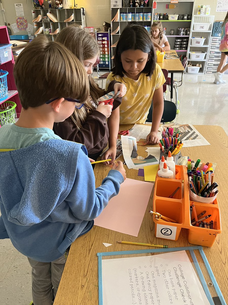 RSEsmART's tweet photo. This week we opened the collage studio. We then did a Collaboration Collage Challenge! Teams worked together using the collage studio to make a “school” themed artwork. Next week, we will vote on which team has the best use of materials, craftsmanship and use of theme. @RSELions https://t.co/aaZmjjJUUK