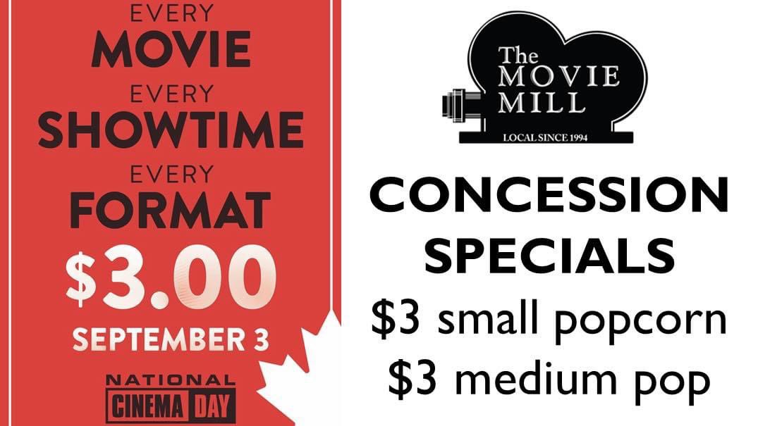 Celebrate #NationalCinemaDay this Saturday with $3 movies &amp; $3 concession specials!🎬🍿🥤Go to Moviemill.com for showtimes