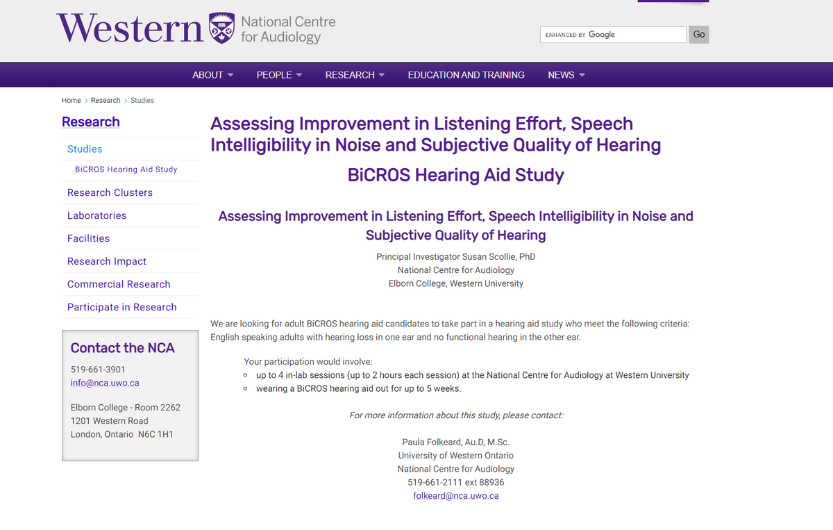 The Hearing Aid Technologies and Outcomes lab <a href="/westernuFHS/">Western Health Sciences</a> is recruiting participants who are BiCROS hearing aid candidates for a research study evaluating listening effort, hearing in noise, and sound quality. More information at: uwo.ca/nca/research/s… 
#ldnont #WesternU