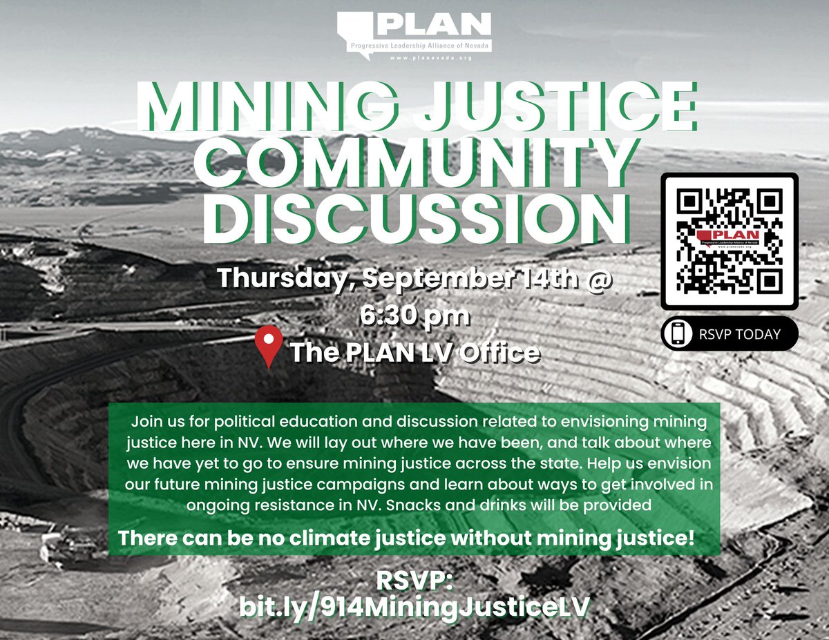 There is no climate justice without mining justice! Mining wastes &amp; pollutes H2O, degrades the environment, &amp; increases violence to Native populations.

NV is not a renewable energy sacrifice zone! Join us in LV Wed 9/14 to learn more &amp; get involved

RSVP bit.ly/914MiningJusti…