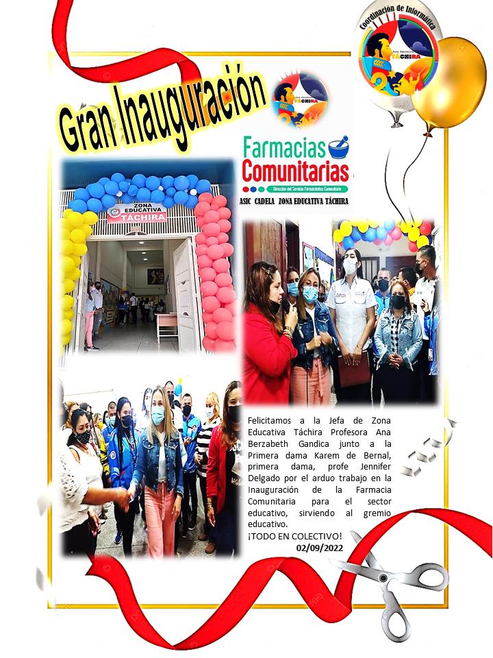 InformaticaZET's tweet photo. Felicitamos a la Jefa de Zona Educativa Táchira Profesora Ana Berzabeth Gandica junto a la Primera dama Karem de Bernal,  primera dama y la profe Jennifer Delgado por el arduo trabajo en la Inauguración de la Farmacia Comunitaria para el sector educativo. https://t.co/LSqwmqSoDS