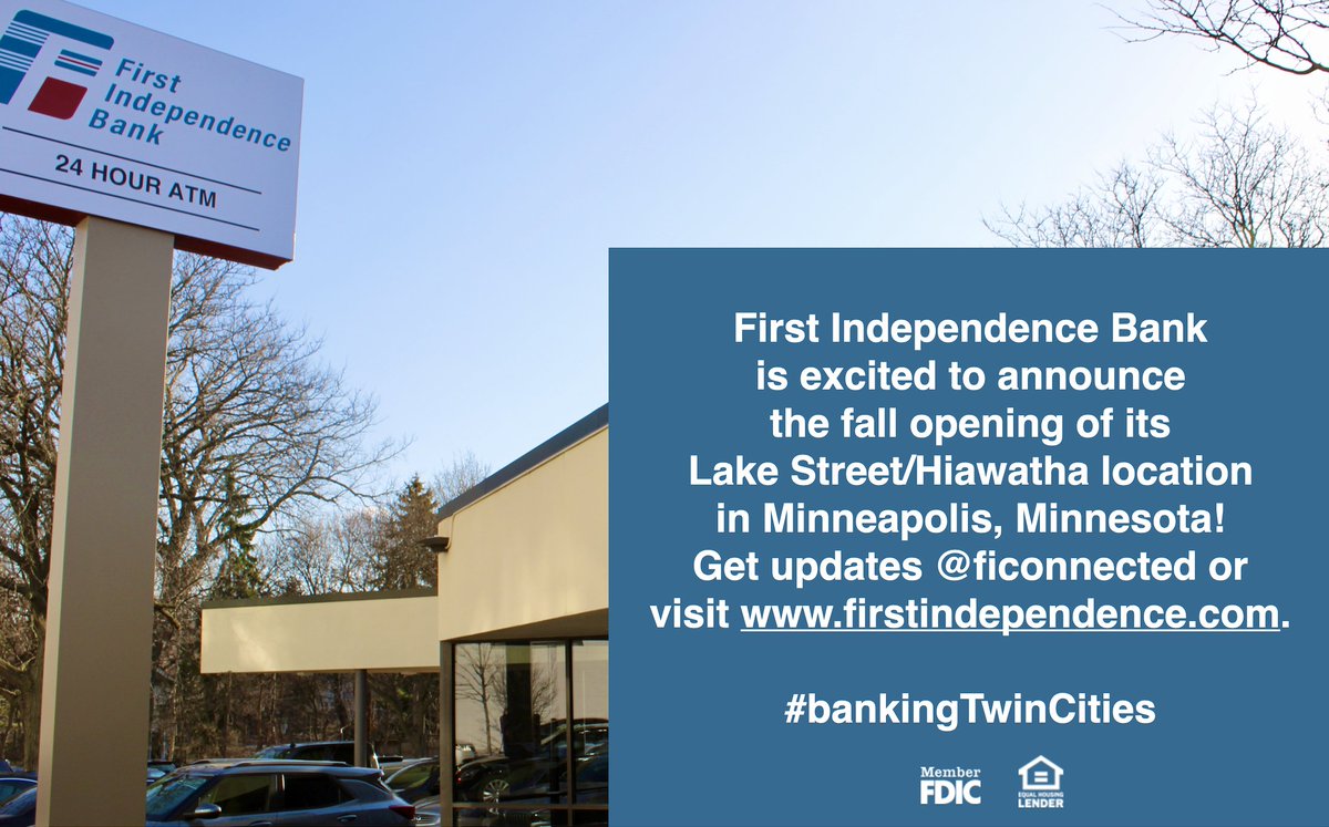 ficonnected's tweet photo. #FirstIndependenceBank is excited to announce the fall opening of its Lake Street/Hiawatha location in #Minneapolis, #Minnesota! Get updates @ficonnected or visit https://t.co/Wi13lXdKK7.
#ficonnected #bankingTwinCities #bankingDetroit https://t.co/ZUnPVyq0Cw