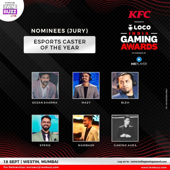 iwmbuzz's tweet photo. Announcing: Nominees #oceansharma #mazy @OfficialBleh #spero #mambasr #gamingaura
@KFC_India Presents @GetLocoNow India Gaming Awards
@MXPlayer
@pentaesports
#TrinityGamingIndia
@OneDigitalEnt
@radiocityindia https://t.co/wguX6UxlMt