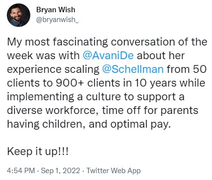 Schellman's tweet photo. Do the right thing and others will take notice. Diversity, equity, and inclusion aren't just words from our CEO @AvaniDe. They are a way of life for #SchellmaNators. 😁 @bryanwish_ | #KeepItUp | #DEI https://t.co/u4nqoFnIAV