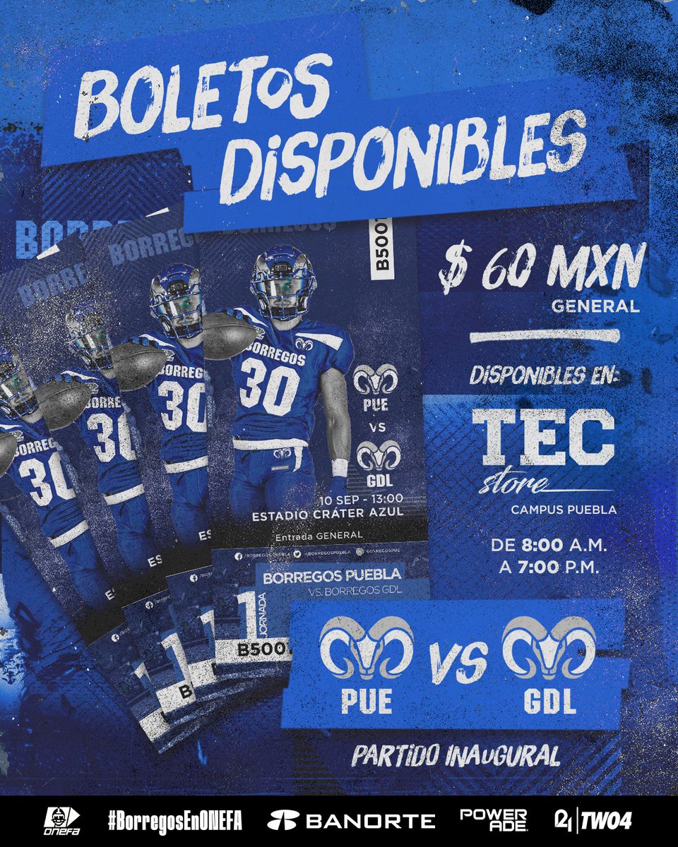 TECcampusPUE's tweet photo. Los boletos para el partido inaugural de la temporada 2022 de fútbol americano ya están disponibles en la #TECStore del campus. ¡Ve por el tuyo antes de que se acaben! 🐑💙
#GoBlue #BlueNation #BorregosPUE #Acércate #TecCampusPue https://t.co/NlnlOm6fG0
