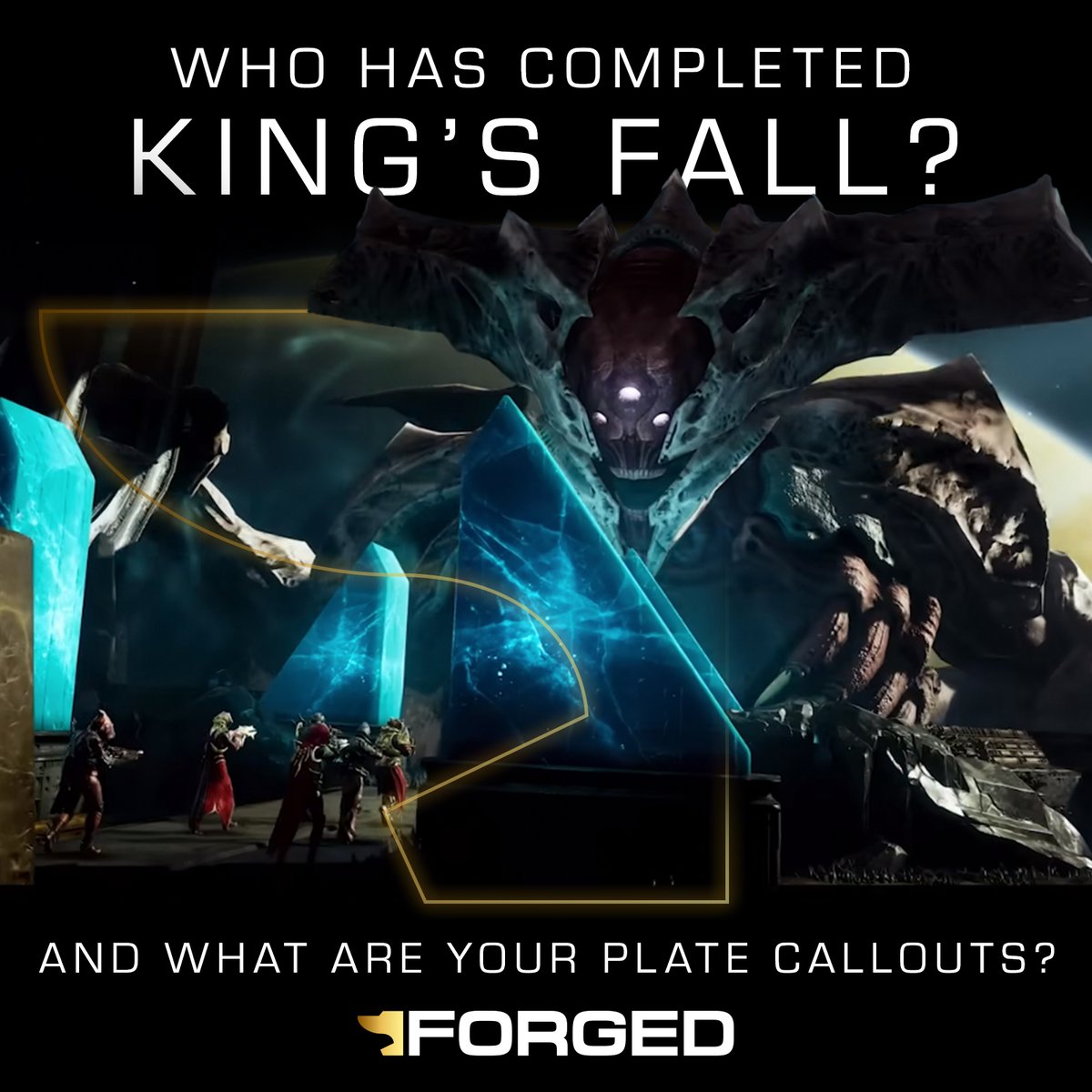 ForgedPCs's tweet photo. It's been a week since King's Fall returned to @destinythegame. Who here has completed it? Did you try it on contest mode? What plate callouts are you using on Oryx and Daughters? #forgedpcs #kingsfall #videogames https://t.co/E88JfMoaQi