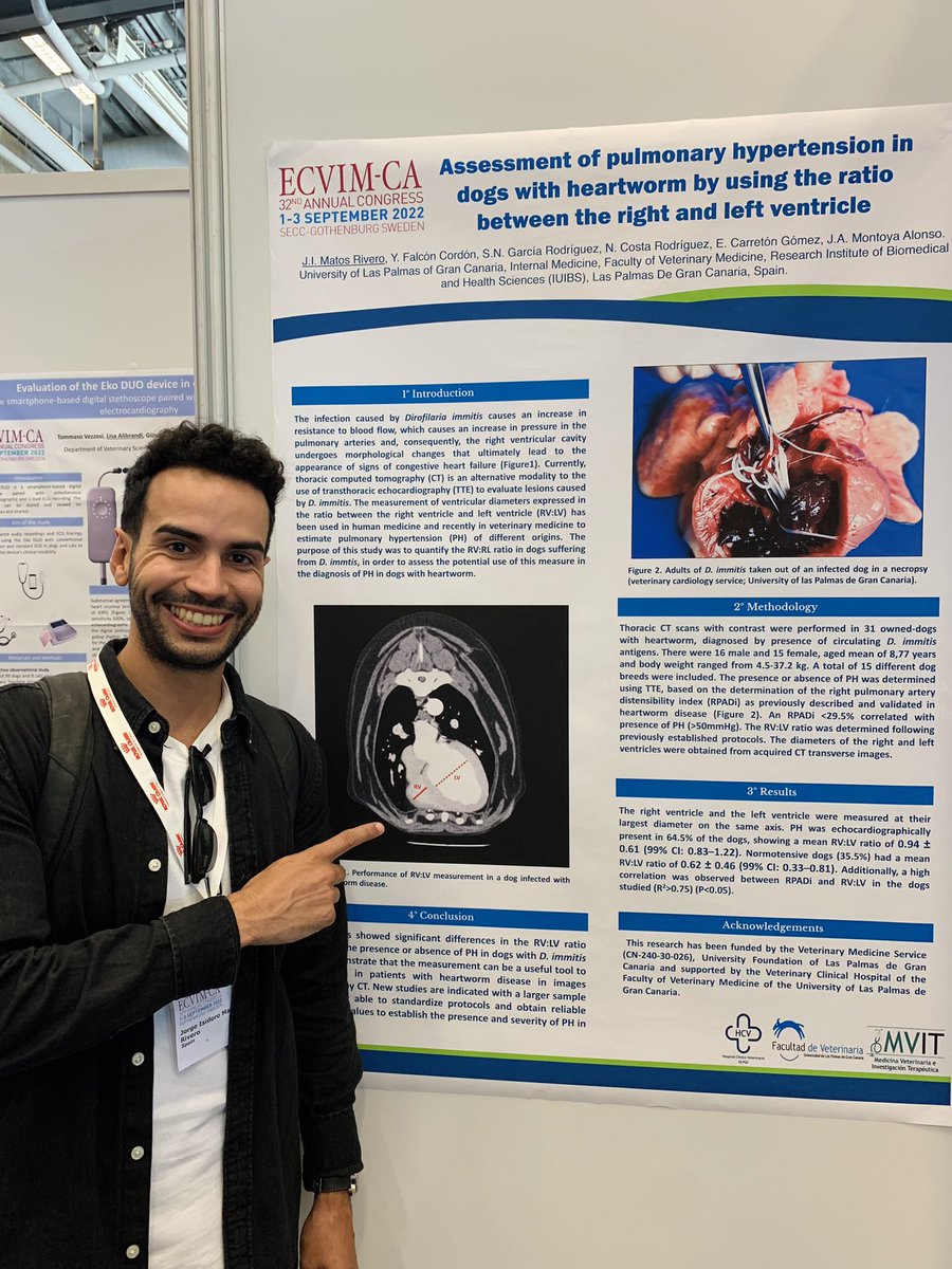 I’m happy to present our latest advances related to my PhD project at the 32nd ECVIM-CA Congress 2022! Pulmonary hypertension in heartworm disease 🫀🐶🩺<a href="/JAlbertoMontoya/">J. Alberto Montoya</a> <a href="/ECarreton/">Elena Carretón</a> <a href="/ULPGC/">ULPGC</a> <a href="/ulpgcresearch/">ULPGC Research</a> <a href="/pctulpgc/">FPCT ULPGC Fundación Parque Científico Tecnológico</a>