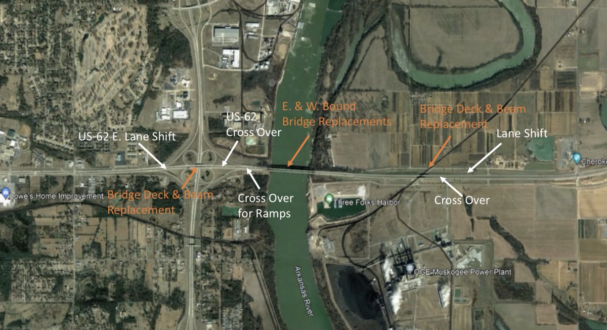 Oklahoma Department of Transportation (@okdot) on Twitter photo MUSKOGEE: Bridge replacement begins Tuesday on US-62. The project will replace both bridges over the Arkansas River and 55th St. east side of the river.  Traffic will be reduced to one lane each way with a reduced speed limit. Work is expected to be completed in late 2024. MUSKOGEE: Bridge replacement begins Tuesday on US-62. The project will replace both bridges over the Arkansas River and 55th St. east side of the river.  Traffic will be reduced to one lane each way with a reduced speed limit. Work is expected to be completed in late 2024.