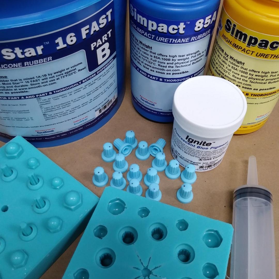 SmoothOn's tweet photo. Reynolds-Orlando's inside tech Gian made these custom mixer Knobs using Simpact™ 85A urethane tinted with Ignite™ Fluorescent Pigments in Blue in a mold made using Mold Star™ 16 Fast!

#smoothon #smoothonproducts #moldmaking #casting #urethane #custom #musicequipment https://t.co/LRLZABS1Fh