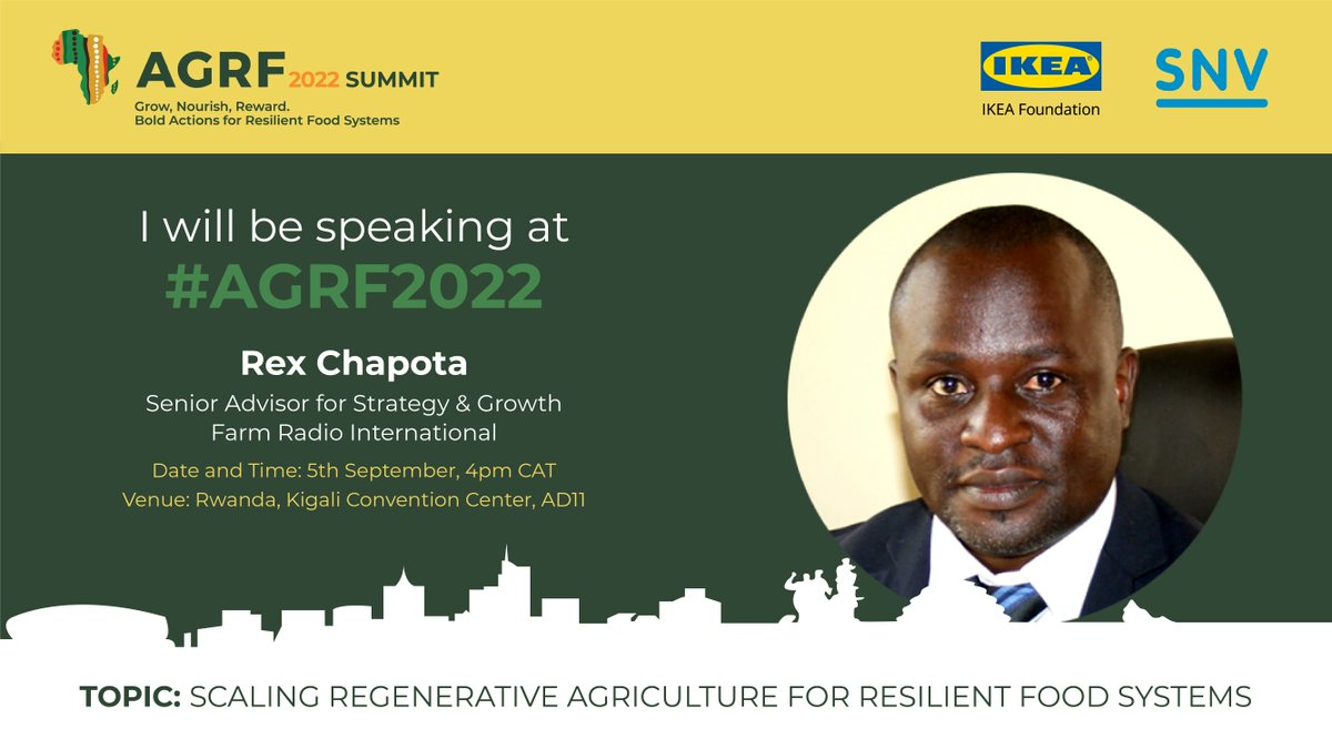 farmradio's tweet photo. Join @RChapots, our Senior Advisor, Strategy &amp; Growth in Rwanda next week to discuss how regenerative farming can make food systems more resilient @TheAGRF during a side event with @SNVworld, @IKEAFoundation &amp; partners.

Register to join here: https://t.co/wZGDI531yi

#AGRF2022 https://t.co/Dy2vOn1SMU