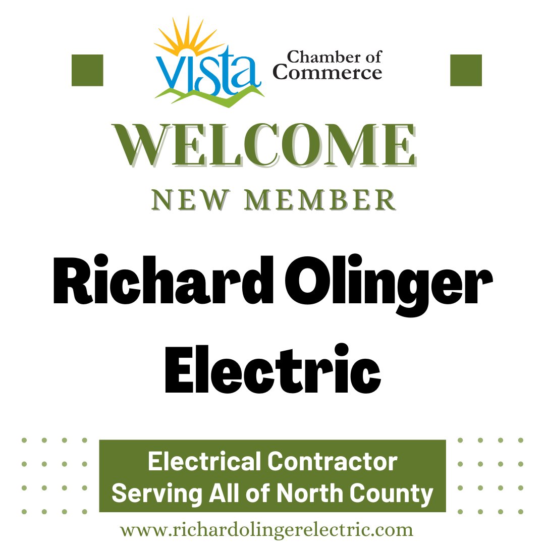 Welcome new Vista Chamber Member Richard Olinger Electric!

Their goal is to provide the best experience possible. Starting at the very first consultation, lasting long after the job is complete. Check out some of their work on their website richardolingerelectric.com