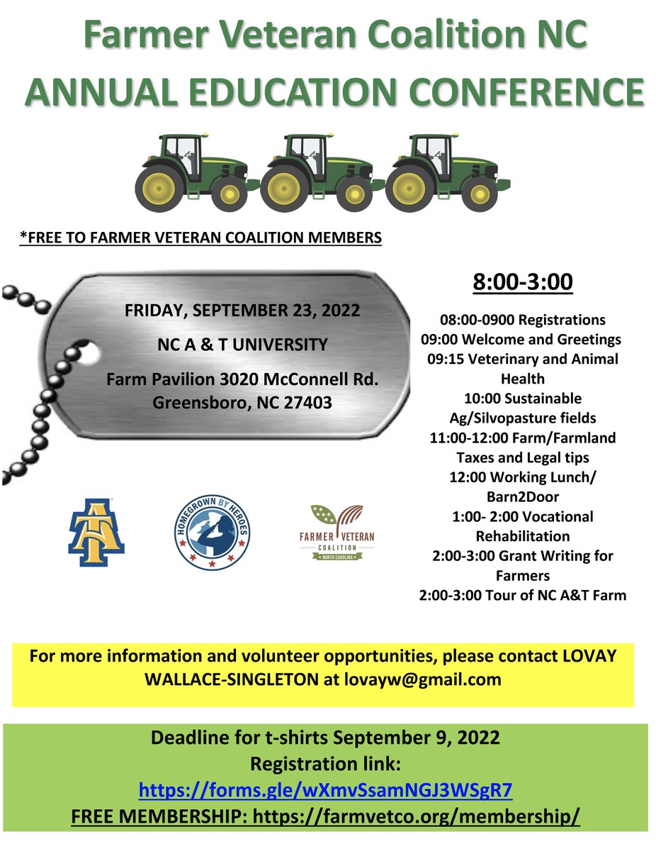 Attention veteran farmers! The Farmer Veteran Coalition of NC gives vets the skills &amp; knowledge to succeed in agriculture. This year we will meet at the N.C. A&amp;T State Farm Pavilion. Register now to reserve your seat: bit.ly/3T8m8bi