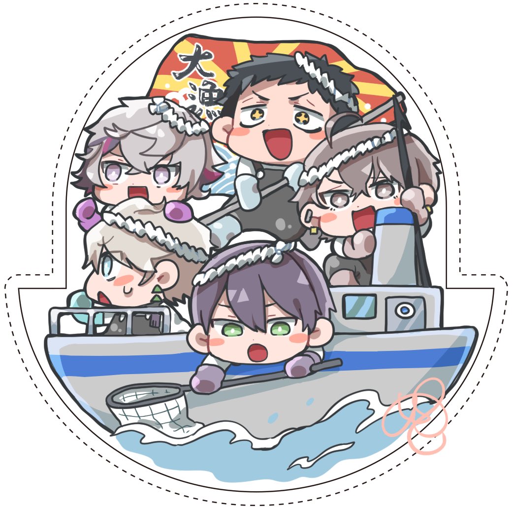 multiple boys male focus black hair green eyes purple hair watercraft boat  illustration images