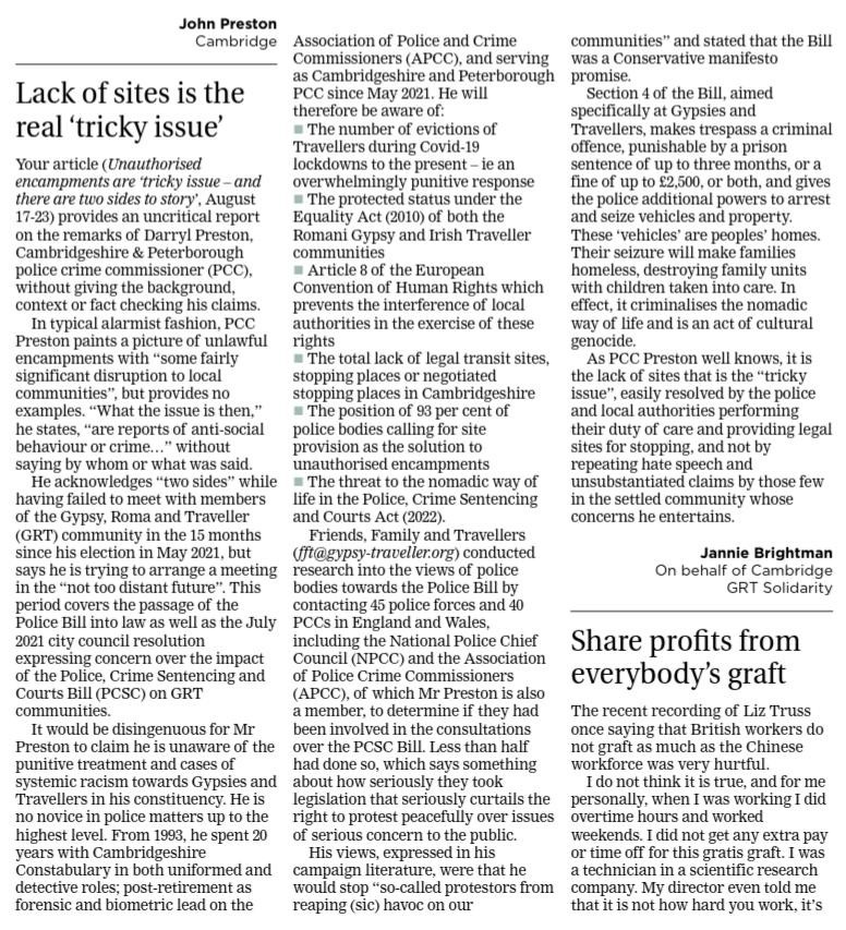 Our letter responding to <a href="/PCCCambs/">Darryl Preston PCC Cambs & Peterborough</a>' racist comments about Gypsies and Travellers has been published in <a href="/CambridgeIndy/">Cambridge Independent</a> and <a href="/Cambslive/">Cambridgeshire Live</a>.

Unauthorised encampments aren't a 'tricky issue'. The answer is simple: local authorities must provide legal stopping sites.