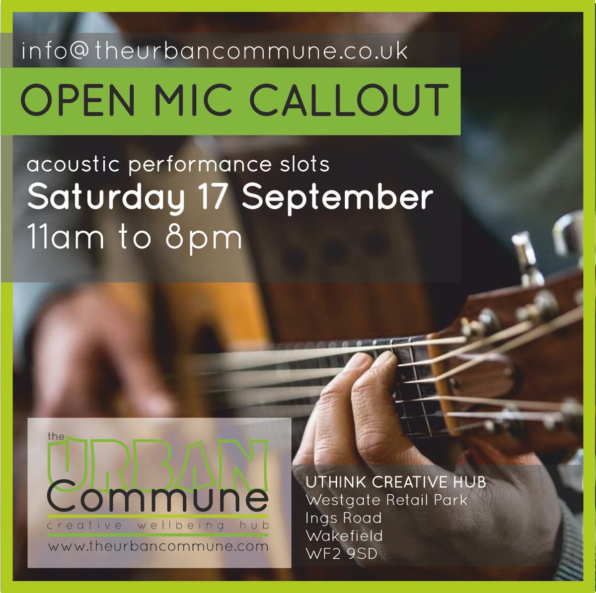 Performer Callout -  Open Mic acoustic set availability at The Urban Commune Wakefield as part of #wakefieldlive

#TheUrbanCommune #music #Exhibition #Creative #Wakefield #ShareIt