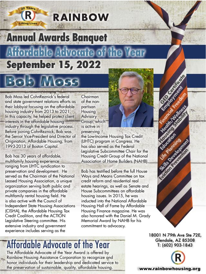 Join us in celebrating Bob Moss as our Affordable Advocate of the Year at this year's Annual Awards Banquet on September 15th in Scottsdale, Arizona. 

Learn more here: app.box.com/s/o5t8nsz2i4zg…

#RainbowHousing <a href="/BobMoss42/">Bob Moss</a>