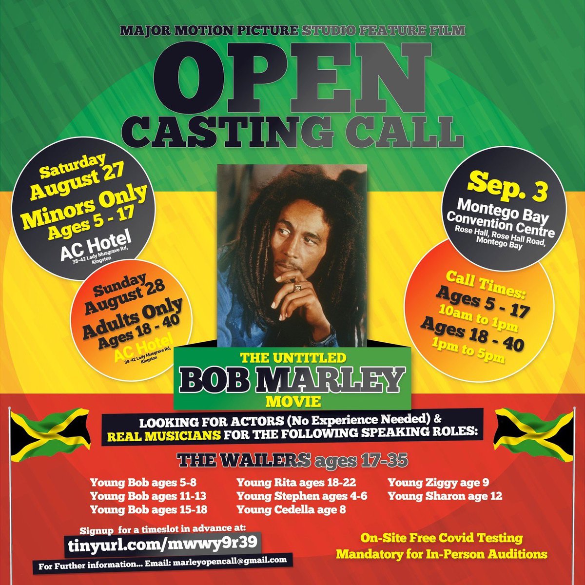 calling on all the wonderful talent in #Jamaica to audition TOMORROW (9/3, 10a-5p) at #MontegoBay Convention Centre in an OPEN casting for the untitled #bobmarley movie. Be a part of history &amp; represent the island &amp; culture on the big screen. JAH LIVE! 

🗳bmarley.lnk.to/castingcall