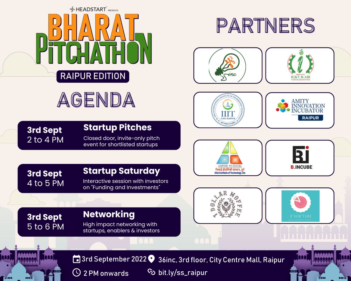 HeadstartRaipur's tweet photo. Here's to making Saturday the most happening one ✨
A power-packed session on *Funding &amp; Investments* by our eminent speakers along side Fireside chats with Investors
Event Date - Saturday, 3rd September
Time - 4 PM onwards 
Venue - 36inc
Register here: https://t.co/anVZLiLO3s https://t.co/BYFyKnDDKv