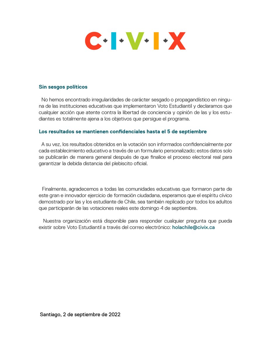 CIVIX_Chile's tweet photo. Comunicado 🔈 En relación a las consultas que han circulado en redes sociales sobre las jornadas de práctica electoral del programa #VotoEstudiantil, aquí les compartimos algunas informaciones importantes 👇 Les invitamos a conocer nuestro trabajo en: https://t.co/i3Q5nVI1In 😊 https://t.co/3unmFb1Ux1