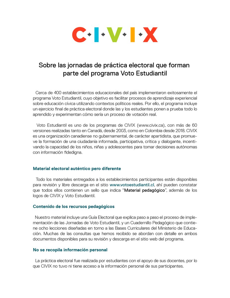 CIVIX_Chile's tweet photo. Comunicado 🔈 En relación a las consultas que han circulado en redes sociales sobre las jornadas de práctica electoral del programa #VotoEstudiantil, aquí les compartimos algunas informaciones importantes 👇 Les invitamos a conocer nuestro trabajo en: https://t.co/i3Q5nVI1In 😊 https://t.co/3unmFb1Ux1
