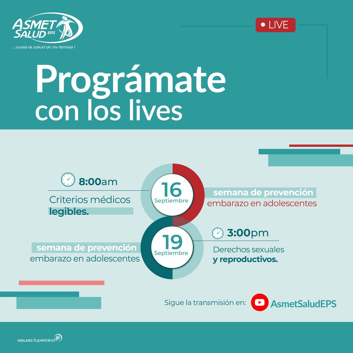 AsmetSalud's tweet photo. ¡Prográmate! Llega septiembre con todo lo que necesitas saber para cuidar la salud de tu familia. Sigue las capacitaciones y charlas por nuestro canal de YouTube AsmetSaludEPS. https://t.co/mXT2dS8oS0