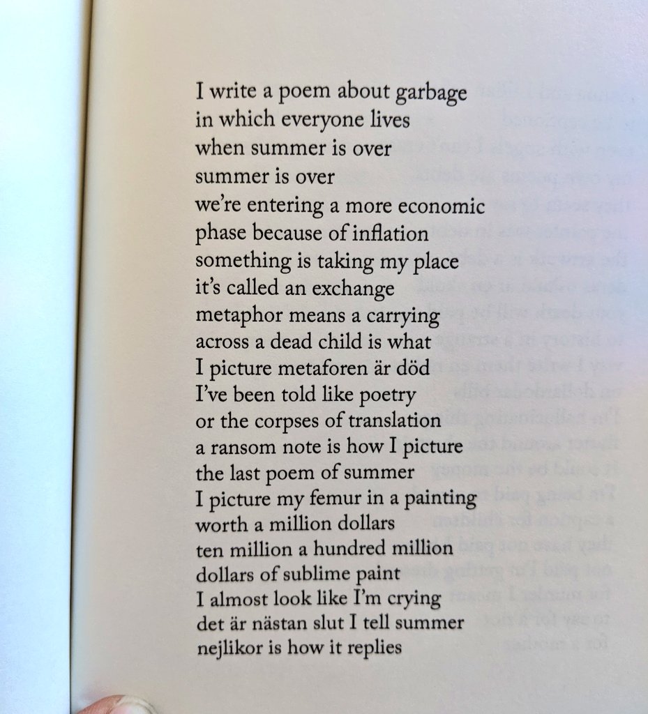 a ransom note is how I picture
the last poem of summer

Johannes Göransson

🙌
@JohannesGoranss 
(From SUMMER, <a href="/TarpaulinSky/">Tarpaulin Sky Press</a>)