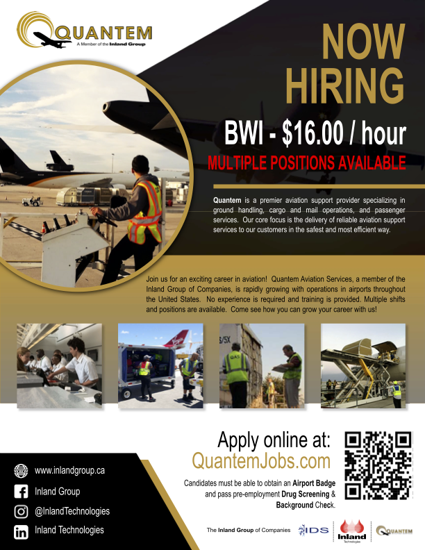 MD_Labor's tweet photo. Looking for a #career change? Quantem Aviation Services has opportunities just for you! The recruitment team is currently #hiring for multiple positions at their BWI location. No experience required and training is provided.  Apply here:  https://t.co/C3ahOd1uEf
#jobseekers https://t.co/kr2QqJ9anI