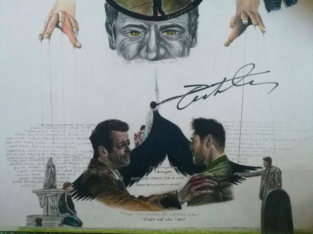 glitterwsilver's tweet photo. He asked me where to sign, again, I panicked &amp; said "omg I don't know" he smiled &amp; decided to make me faint inside as he signed over the confession scene :)

I PRESENT TO YOU THEE @JensenAckles  AUTO  (+ a lil spoiler of the upper part of the drawing)

I'm sobbing a little :') https://t.co/jkYaCccm8x
