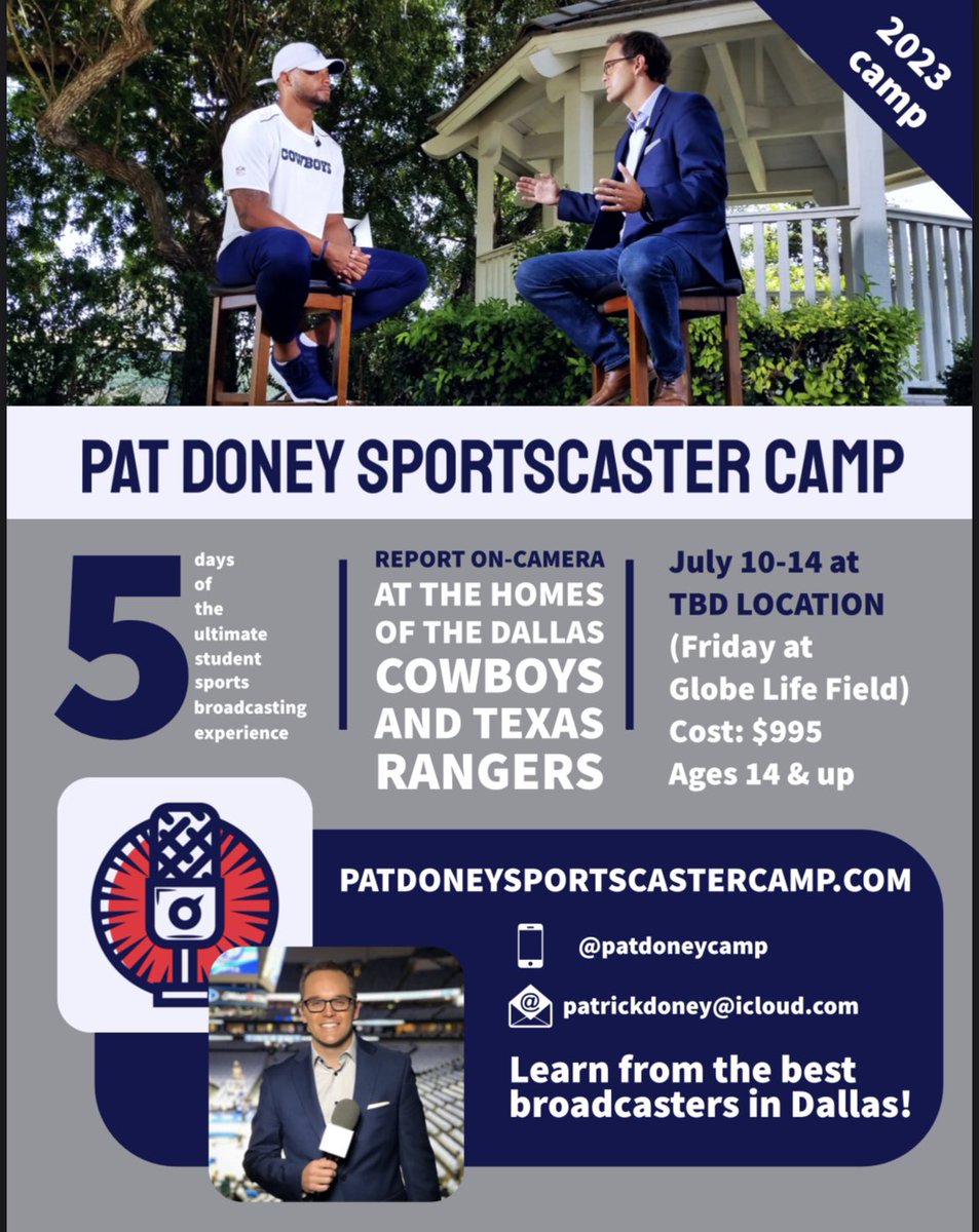 PatDoneyNBC5's tweet photo. Fired up to announce signups have begun for the first ever Pat Doney Sportscaster Camp next July 10-14th! 
Learn from elite guest sports broadcasters in Dallas, report at Cowboys headquarters in Frisco &amp; a Rangers game, &amp; have an incredible time while improving as a sportscaster! https://t.co/9LpDT3nWgH