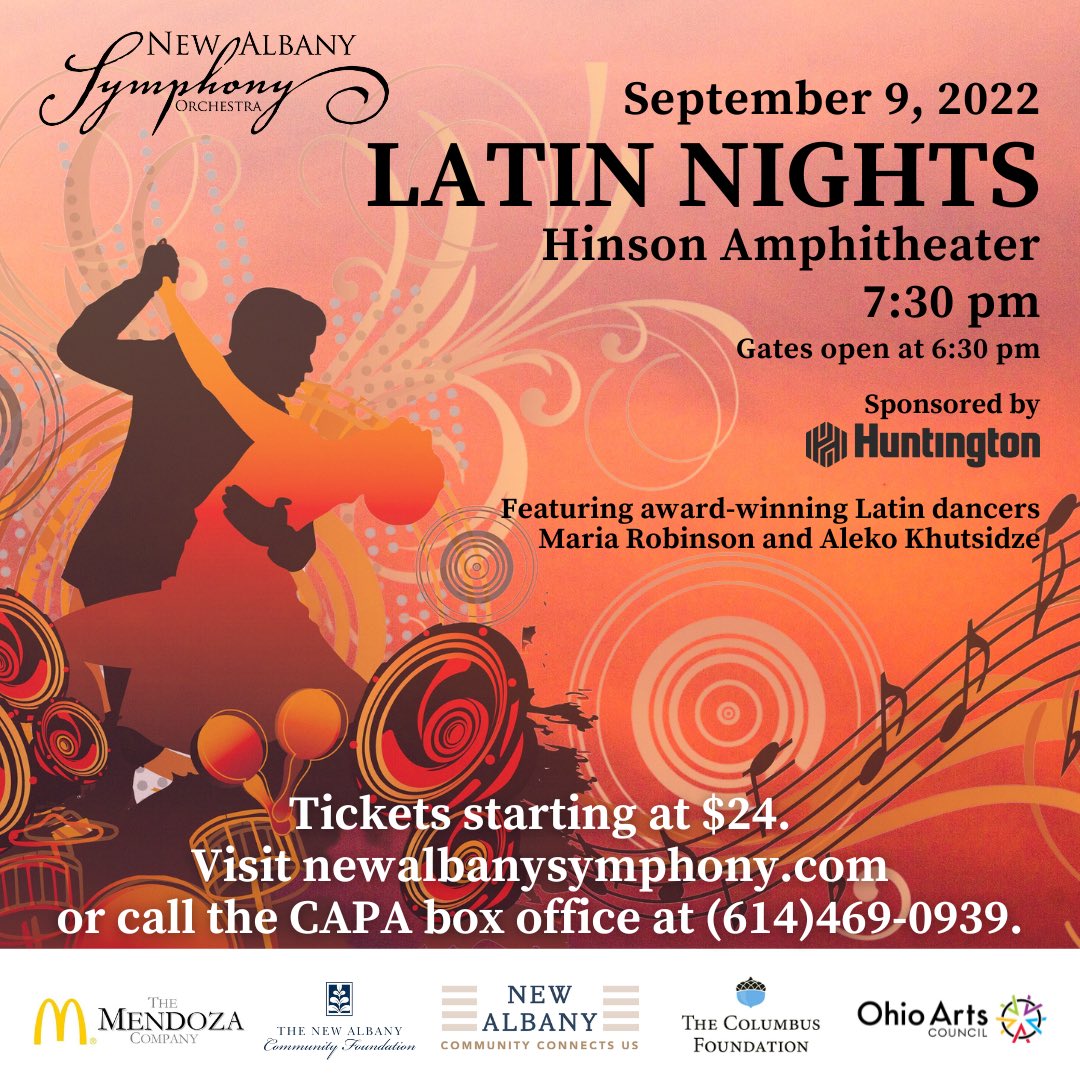 NASymphony's tweet image. LATIN NIGHTS de la New Albany Symphony Orchestra en Viernes 9 de septiembre a las 7:30 PM. ¡Es una fiesta y estás invitado. ¡Va a hacer CALIENTE! ¡CALIENTE! ¡CALIENTE!
 
Cómo Comprar
Visite CBUSArts.com 
O
Llame / visite el Centro de Boletos de CBUSArts  (614) 469-0939